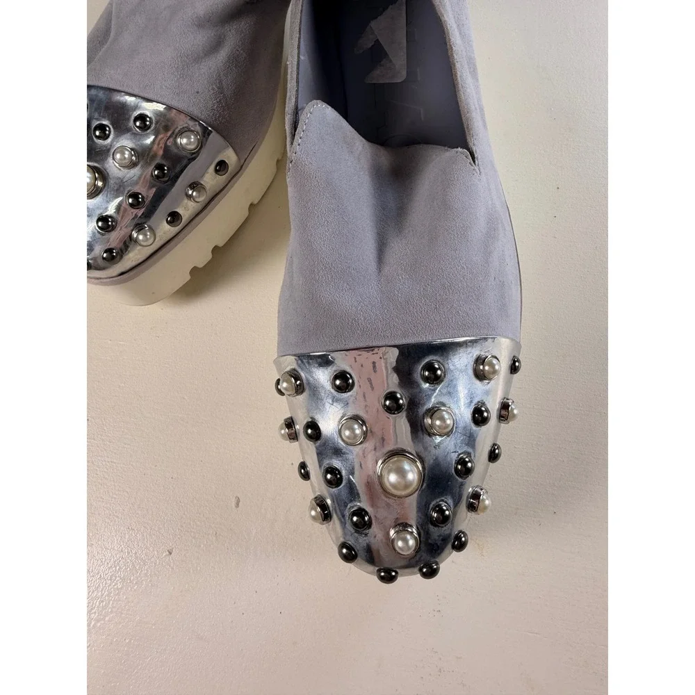 Karl Lagerfeld Paris Brinlee Loafers Women 9 Grey Excellent Pearl Stud Platform